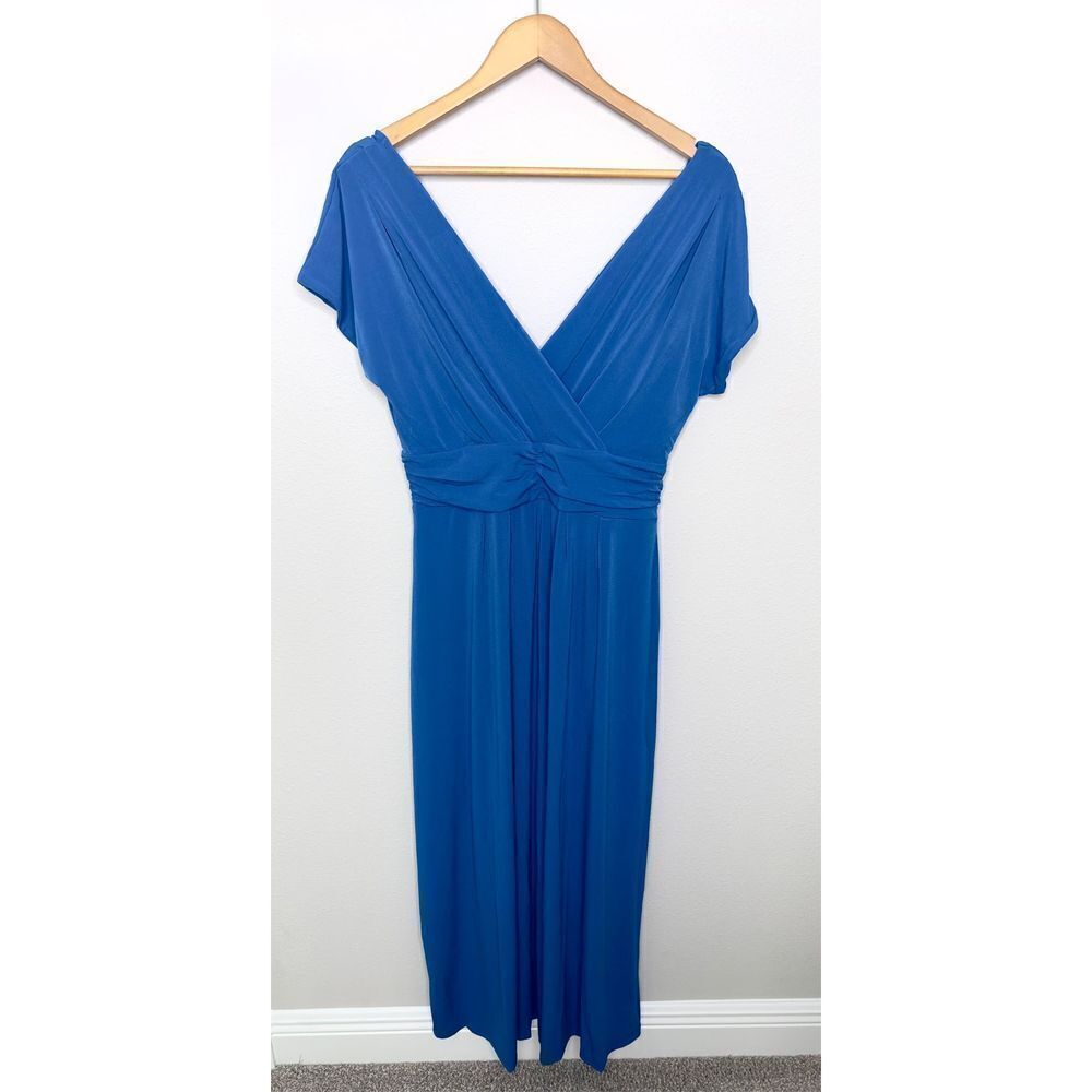 IMAN Womens Wrap Shift Dress Midi Short Sleeve V Neck Flowy Blue Large